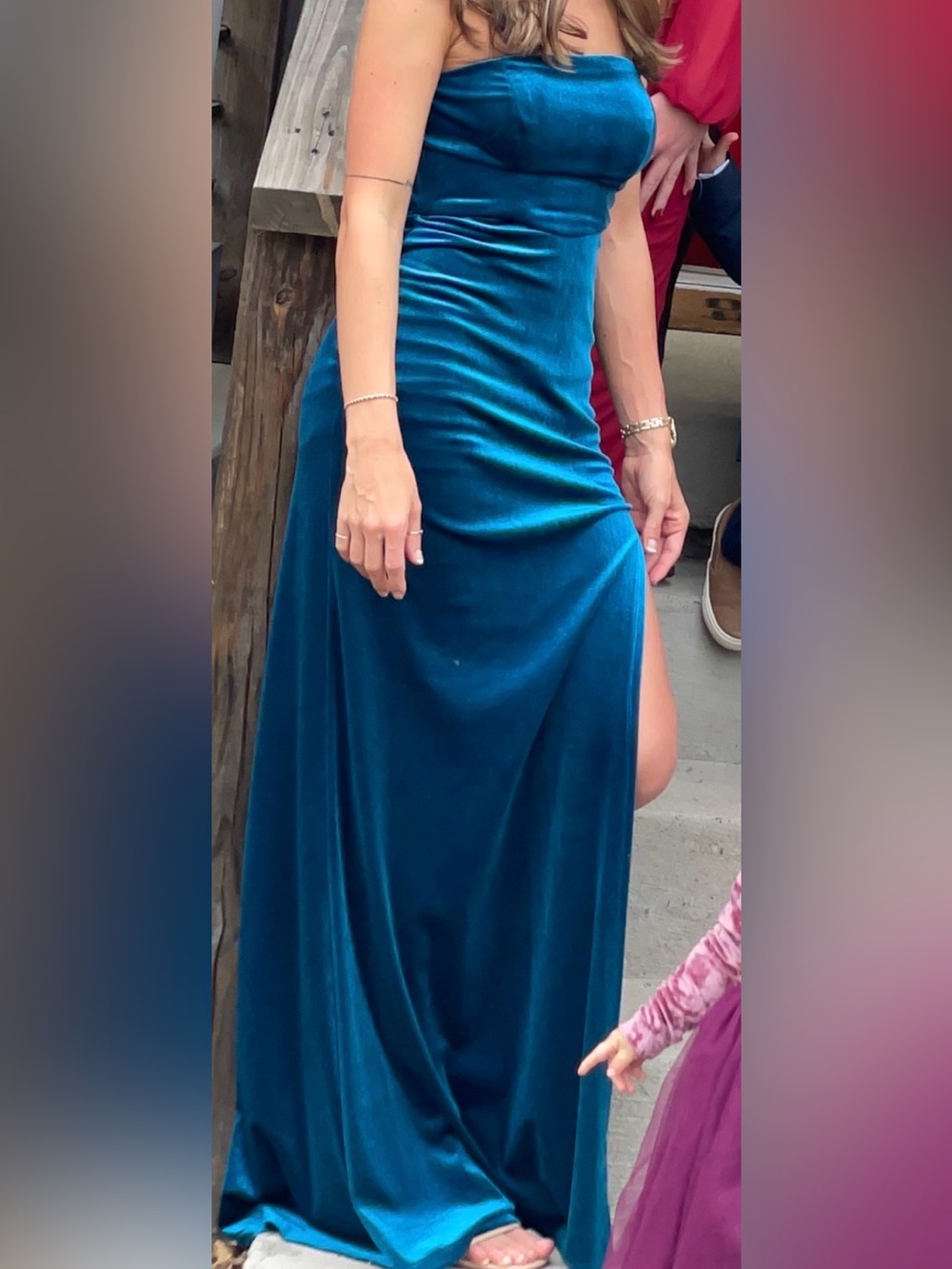 Teal Strapless Velvet Maxi Dress with Side Thigh Slit